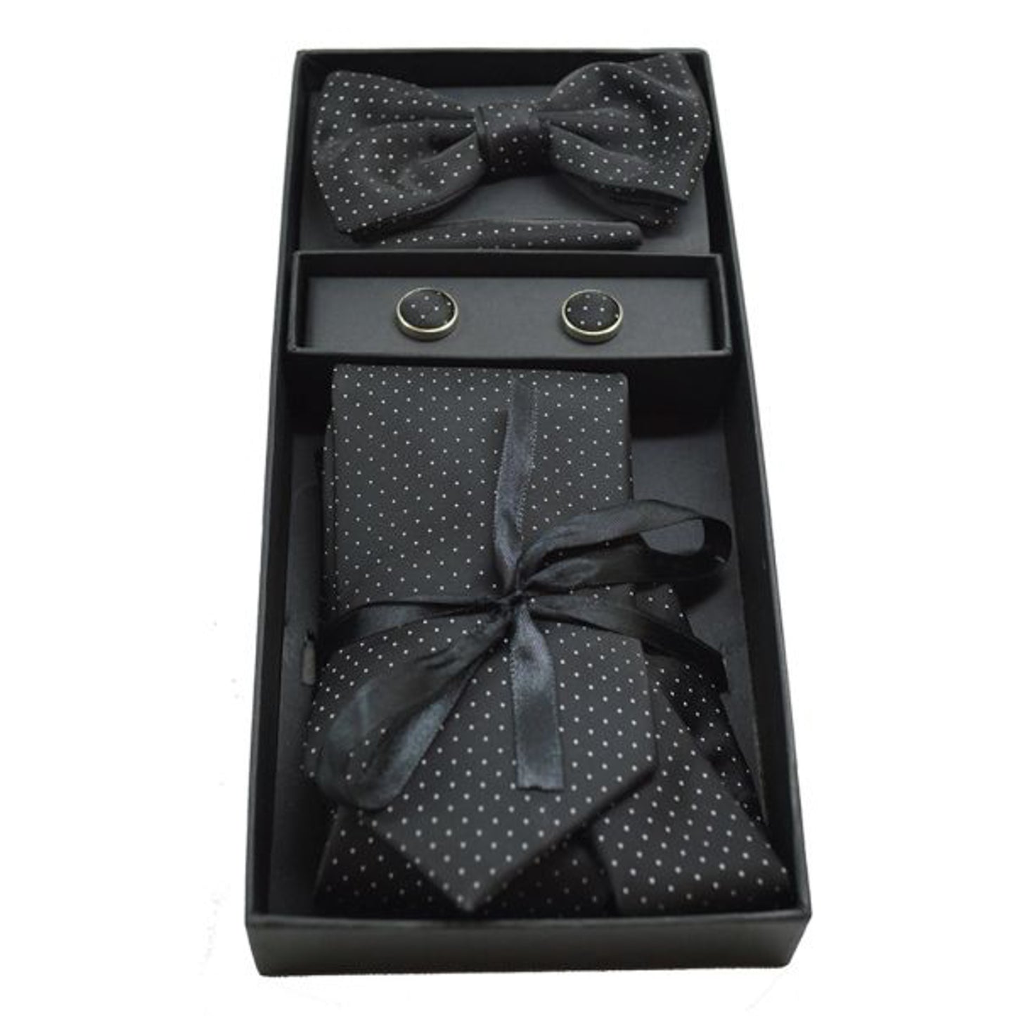 Black Set of Cufflinks, Bow Tie and Pocket Square with White Dots by Andrea Bossi