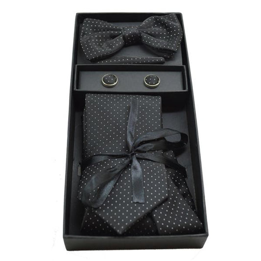 Black Set of Cufflinks, Bow Tie and Pocket Square with White Dots by Andrea Bossi